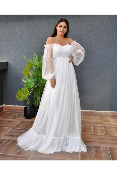 sarebutik Tül Detay Beyaz Prenses Nikah Abiye Elbise