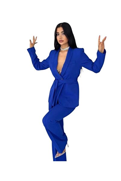 Nilo Kadın Takım Elbise, Kemerli Şal Yaka Blazer Ceket Boru Paça Esnek Pantolon