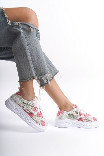 Moda Değirmeni Pantofi de damă din dantelă alb-roșu BG1067-101-0001
