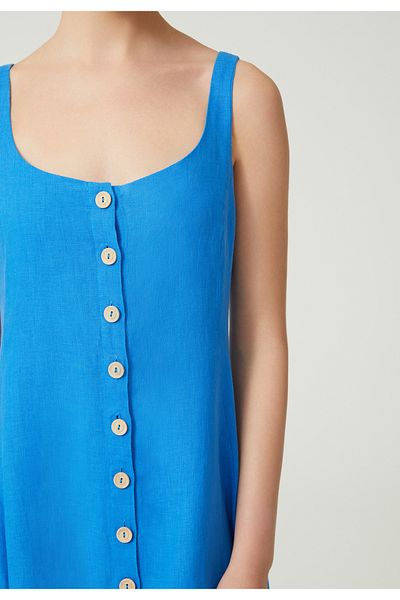 Just Like You Blue Linen Maxi Dress - Buttoned Front and Straps