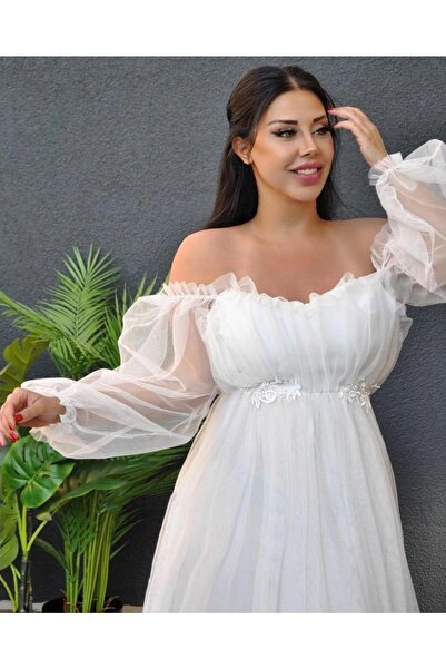 sarebutik Tül Detay Beyaz Prenses Nikah Abiye Elbise