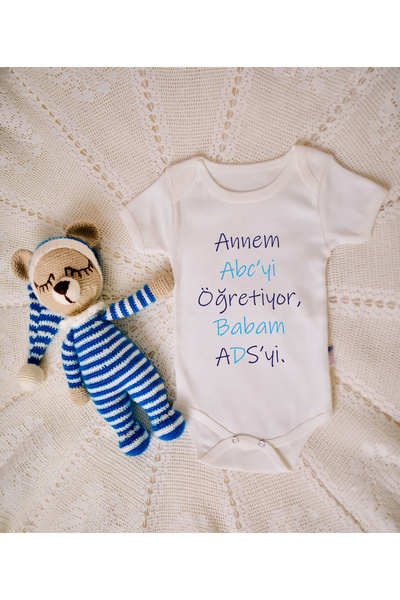 SPARKLY BABY ORGANİK %100 PAMUKLU ANNEM ALFABEYI BABAM ADS BASKILI Bebek Body...