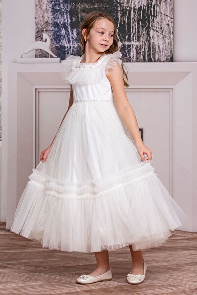 SÜSLÜ PİNK KİDS KIZ ÇOCUK TÜLLÜ UZUN ELBİSE