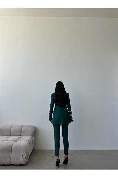 Female Clothing Koyu Yeşil Düğmeli Blazer Ceket Esnek Pantolon Kadın Takım Elbise