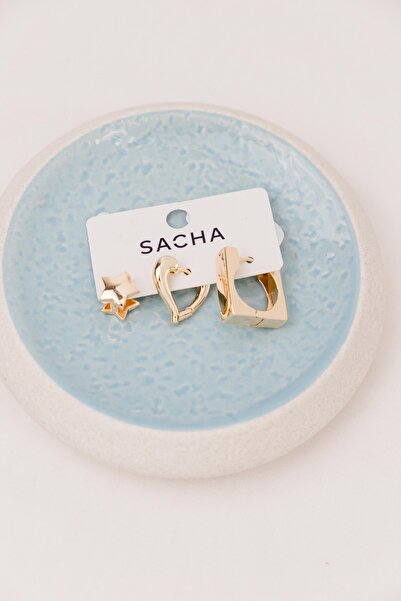 Sacha Accessories مجموعة حلقات على شكل نجمة ومربع ذهبية اللون - أقراط