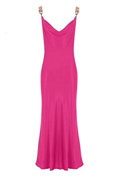 Whenever Company Pembe Zincir Detaylı Ayarlanabilir Askılı V Yaka Saten Abiye...