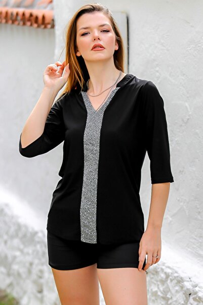 Chiccy Μαύρη πλεκτή μπλούζα με ρίγες V λαιμόκοψη - 3/4 μανίκι Casual