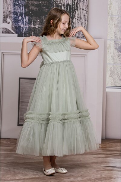 SÜSLÜ PİNK KİDS KIZ ÇOCUK TÜLLÜ UZUN ELBİSE