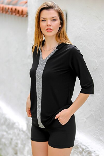 Chiccy Μαύρη πλεκτή μπλούζα με ρίγες V λαιμόκοψη - 3/4 μανίκι Casual