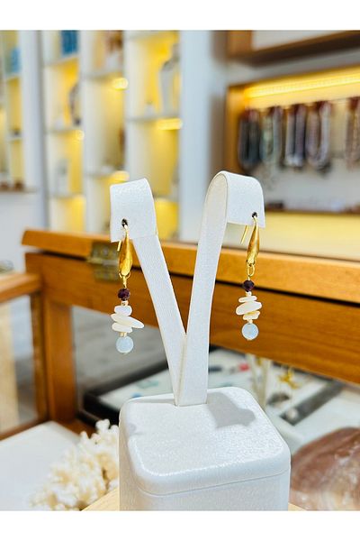 Luna Natural Stone Tulip, Mother of Pearl and Blue Quartz Steel Earrings