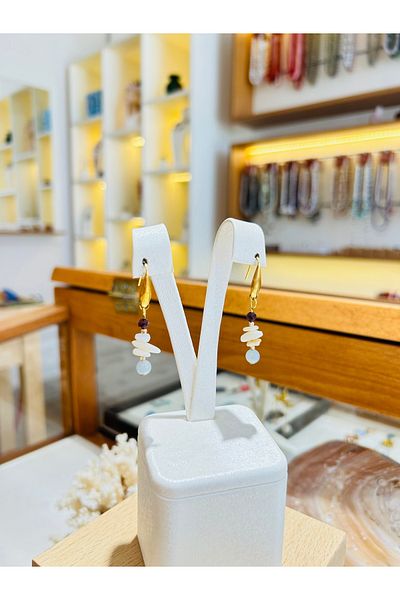 Luna Natural Stone Tulip, Mother of Pearl and Blue Quartz Steel Earrings