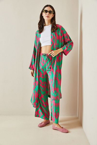 XHAN Fuchsiafarbenes gemustertes Kimono-Set - 5YXK8-48668-07