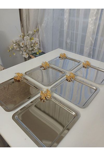 AZRAM HOUSE 22 cm Decorative Steel Square 6-Piece Serving and Presentation Tray with Butterfly Accessories