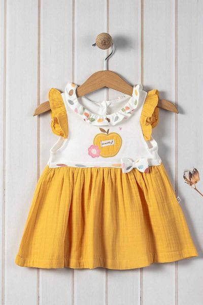 dinamik çocuk Apple Embroidered Baby Collar Baby Girl Dress - 100% Cotton, Muslin Bottom, 3-24 Months