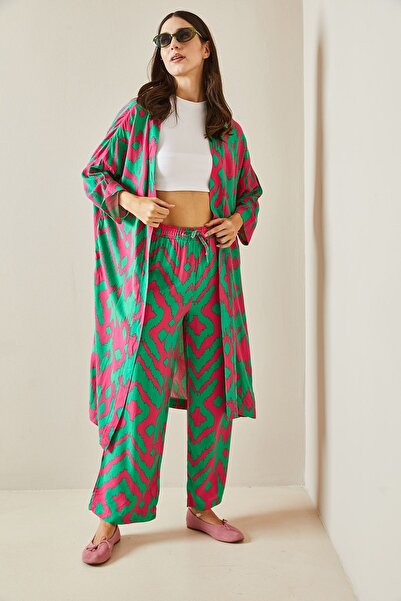 XHAN Fuchsiafarbenes gemustertes Kimono-Set - 5YXK8-48668-07