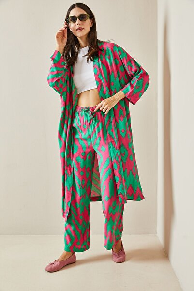 XHAN Fuchsiafarbenes gemustertes Kimono-Set - 5YXK8-48668-07