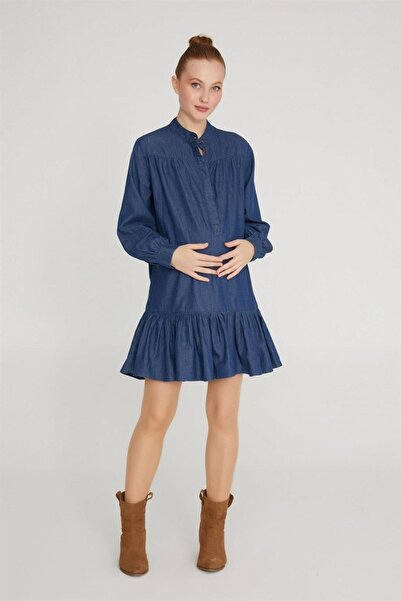 VAVIEN Kadın Koyu Mavi Hamile Fırfırlı Uzun Kollu Elbise 1068