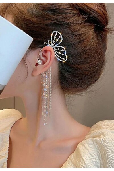 Aksesdunya Zirkon Taşlı Sallantılı Kelebek Küpe Kulak Arkası Kadın Kulak Akse...