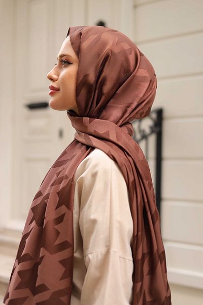 shalby Hijab Silky Cotton Jacquard Large Houndstooth Patterned Shawl Chocolate