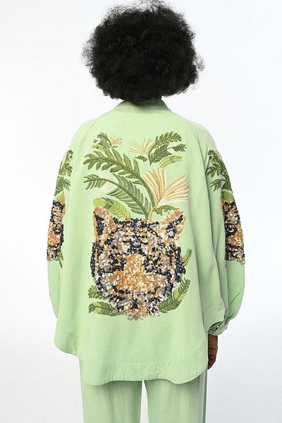 FEMELLE Jachetă verde Kimono de mărime mare - Model Tigru pe spate și paiete