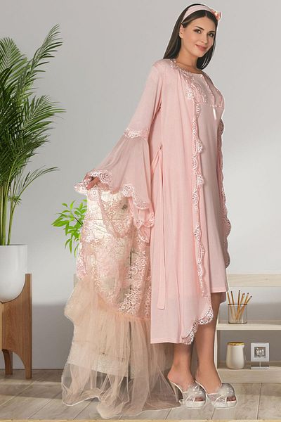 Mecit Pijama Σετ νυχτικό 2 τεμαχίων με λεπτομέρεια από τούλι για εγκυμοσύνη και εγκυμοσύνη - με ρόμπα