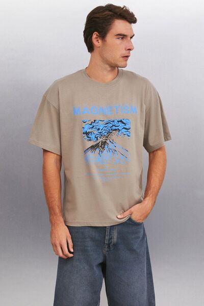 GRIMELANGE Ανδρικό μπλουζάκι Maddox από 100% οργανικό βαμβάκι με λεπτομέρεια με χοντρή υφή Oversize Fit Mink