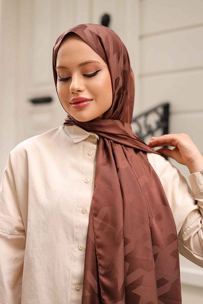 shalby Hijab Silky Cotton Jacquard Large Houndstooth Patterned Shawl Chocolate