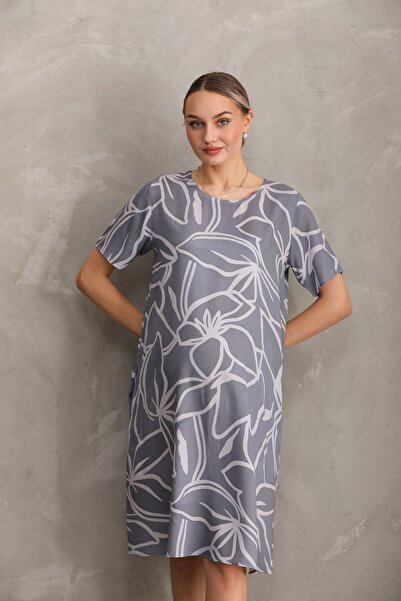 Miss Dünya Lissa Hamile Baskılı Midi Kısa Kol Yandan Cepli Elbise