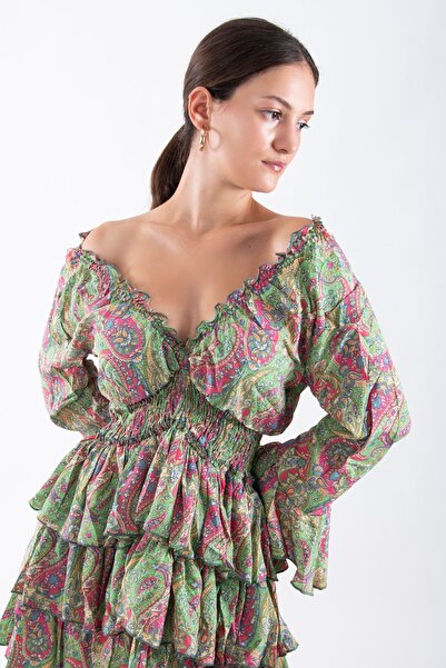 REİNA TEKS Ithal Elbise Kısa V Yaka Elbise Retro Karışık 1 AdetYeşil-Pembe Antika Davet Elbisesi