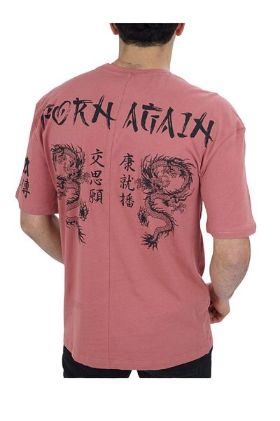 DYNAMO Men's Dried Rose Oversize T-shirt - Crew Neck, Dragon Printed