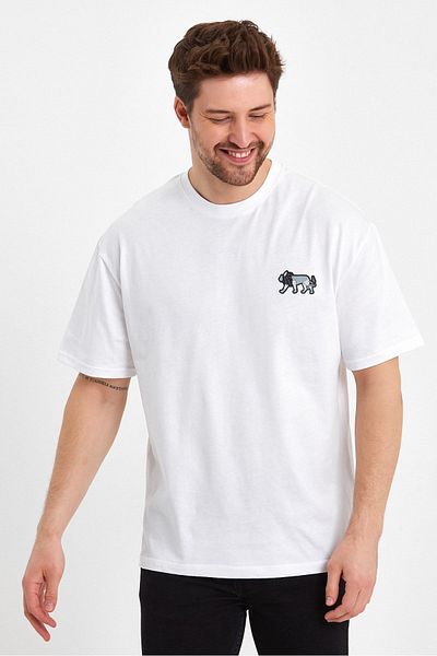 LACİVERTMEN Μπλουζάκι 2702 Basic 24x1 Μονό Τζέρσεϊ Oversize Μπροστινό Αριστερό Στήθος Lion Printed T-shirt
