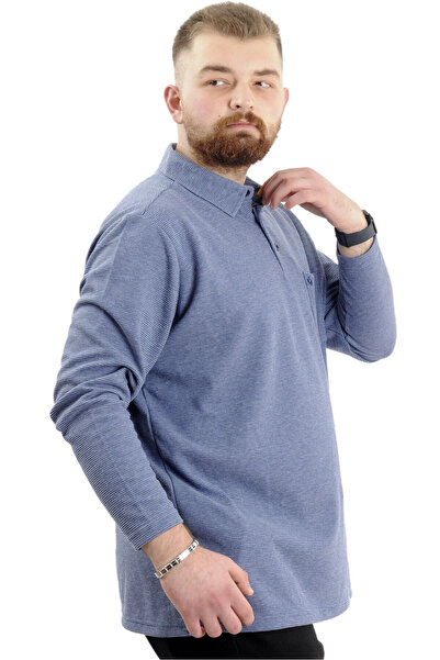 ModeXL Men's Sweatshirt - Polo Collar, Long Sleeve, WAFFLE 23449 Indigo, Large Size