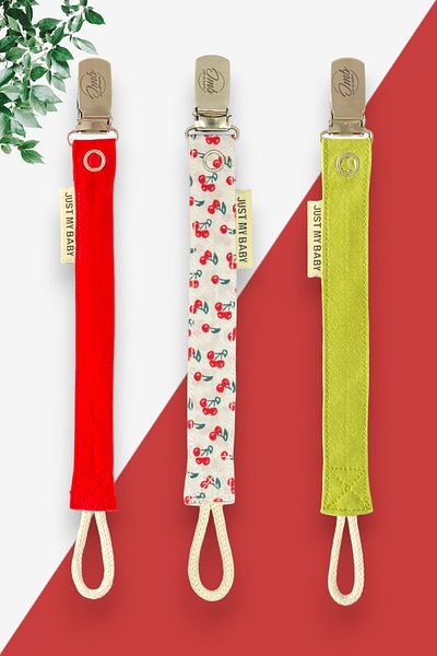 JMB Just My Baby Pacifier Strap - 3-Piece - Red/Cherry Pattern/Green - Washable - Cotton