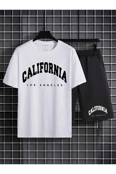FAVORİST Black California Printed Oversize Men's T-shirt and Shorts Set