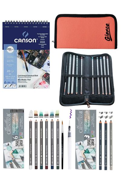 GLANCE Canson A5 200 gr - 20 Sheets Carrying Bag, Cretacolor 6'+3 Aquarell Graduated Pen