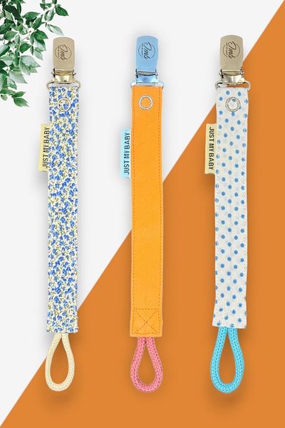 JMB Just My Baby 3-Piece Blue Floral/Orange/Dotted Pacifier Strap - Washable - Cotton