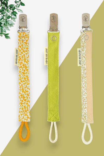JMB Just My Baby Orange Floral Patterned 3-Piece Pacifier Straps - Green/Mixed/Washable - Cotton