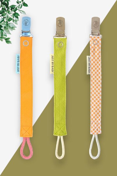 JMB Just My Baby Set of 3 Orange/Green/Orange Checkered Pacifier Straps - Washable - Cotton