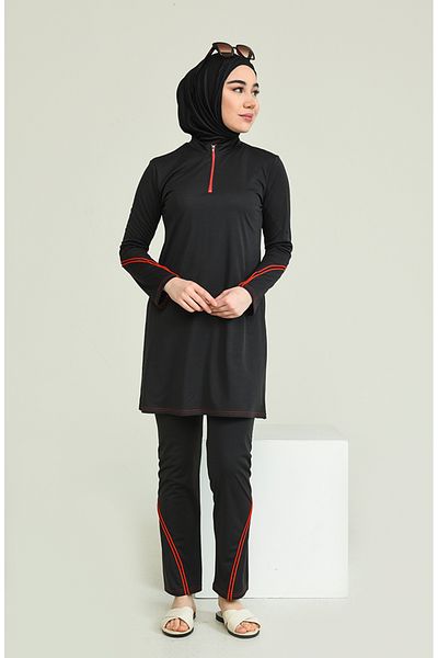 sefamerve Schwarzer Hijab-Badeanzug – Reißverschluss, Modell 2212-02