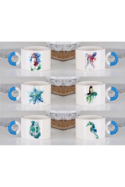 GünayStore Set of 6 - Luxury Double Turkish Coffee Cup and Espresso Evil Eye Bead, Linear Women's Minimal Design