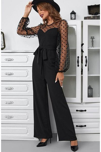 Styling Park Black Evening Dress Jumpsuit with Tulle Sleeve Detail