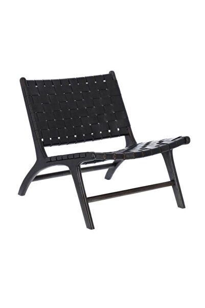 NAPOLYON Gerçek Deri Siyah Ahşap Örgü Berjer