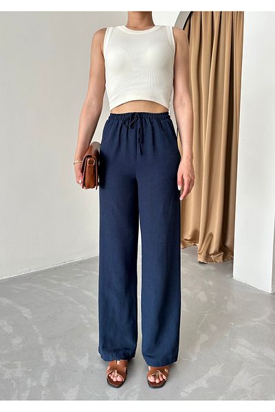 Laluvia Pantaloni din bumbac și in, albastru bleumarin, cu talie elastică 3490