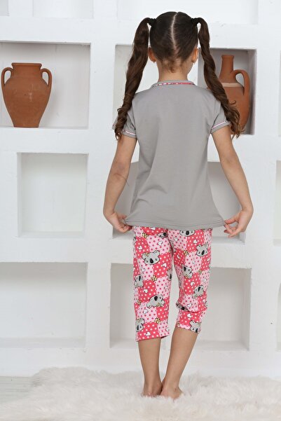 KAPİKİDS Gray Colored Girl's Pajama Set - Short Sleeve, Capri Button Collar, Placket Kuala Printed