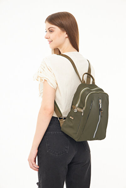 Morpelikan Women's Zipper Detailed Multi-Compartment Khaki Color Backpack