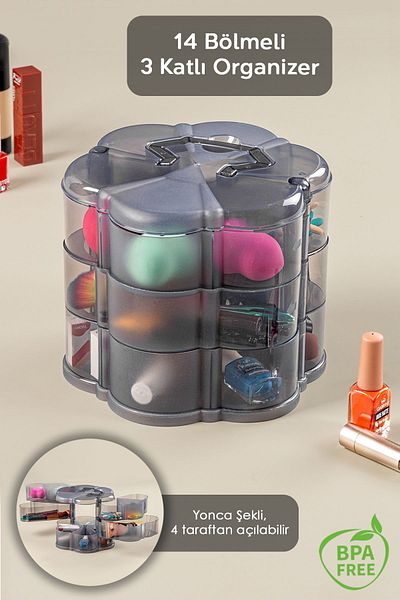 Meleni Home 3 Tiers 14 Compartments Clover Organizer - Anthracite Desktop Organizer, Makeup Jewelry