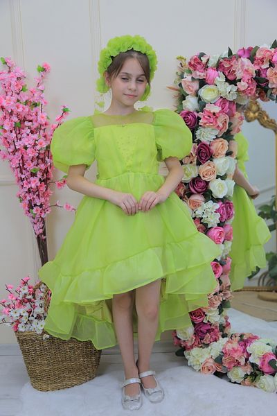 MİSS RAİN Rochie de seara pentru fete - fata scurta, spate lung, maneca pepene verde si detaliu fundita, accesoriu cadou