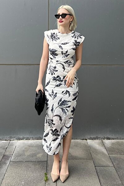 HARMONY GLOBAL Μίντι τούλι φόρεμα σε γκρι φλοράλ στάμπα με λαιμόκοψη - 3403