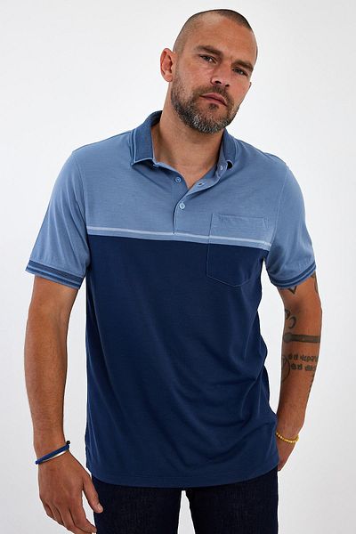 ENQUE Tricou de bază pentru bărbați, cu gât polo, cu buzunar, lung și albastru