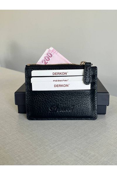DERKON Black Genuine Leather - Women's and Men's Wallet with Coin, Container and Zipper